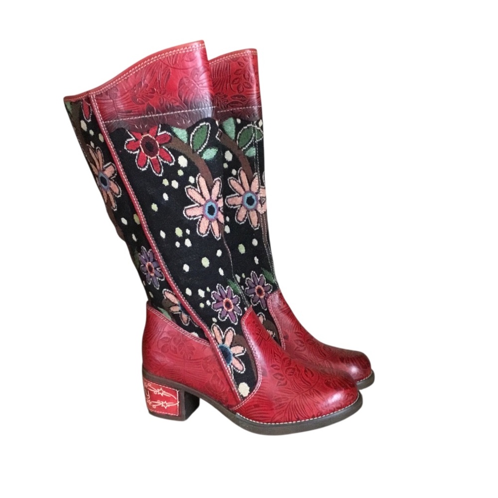 NEW Socofy Red Black Floral Boho Textile Tapestry Leather Tall Boots